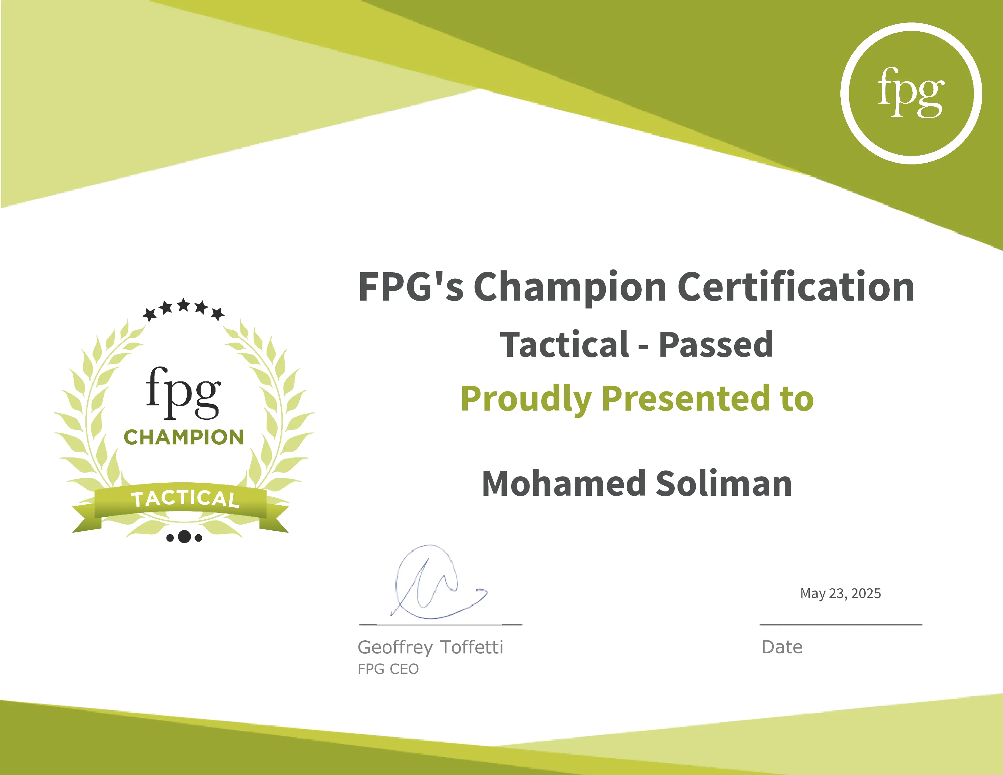 FPG's Champion Certification
                   Tactical